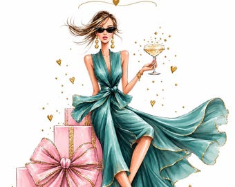 May include: A digital illustration of a person in a teal dress with gold trim, wearing sunglasses and gold earrings, holding a champagne glass. The person sits on a stack of pink gift boxes with gold ribbons. Text reads: Happy Birthday To A Special Friend.