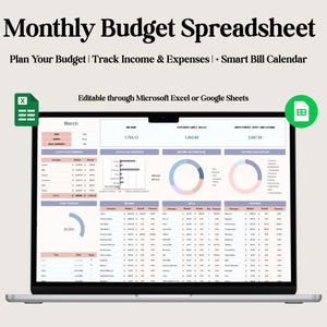 Monthly Budget Spreadsheet Excel & Google Sheets | Digital Finance Tracker | Income, Expense, Savings, Debt Planner