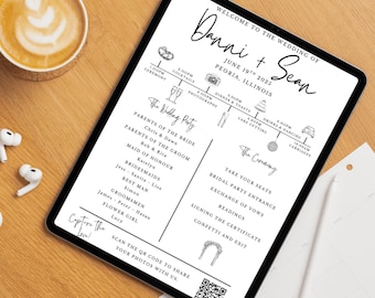 May include: A digital wedding itinerary displayed on a tablet. The black and white design includes the names "Danni + Sean", event details, and a schedule with illustrations. A cup of coffee and earbuds are on the wooden surface.