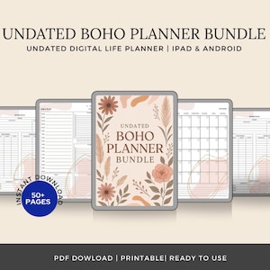 May include: A digital planner bundle with a boho theme. The cover features a floral design with brown, pink, and beige colors. The text "UNDATED BOHO PLANNER BUNDLE" is displayed on the cover. The planner is undated and includes over 50 pages.
