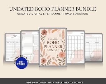 Può includere: Un pacchetto di planner digitali con un tema boho. La copertina presenta un design floreale nei colori marrone, rosa e beige. Il testo "UNDATED BOHO PLANNER BUNDLE" è visualizzato sulla copertina. Il planner è non datato e include oltre 50 pagine.