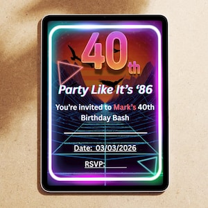 May include: A digital invitation with a retro design for a 40th birthday party. The invitation features the text "40th", "Party Like It's '86", and "You're invited to Mark's 40th Birthday Bash". The date is 03/03/2026, with an RSVP line.