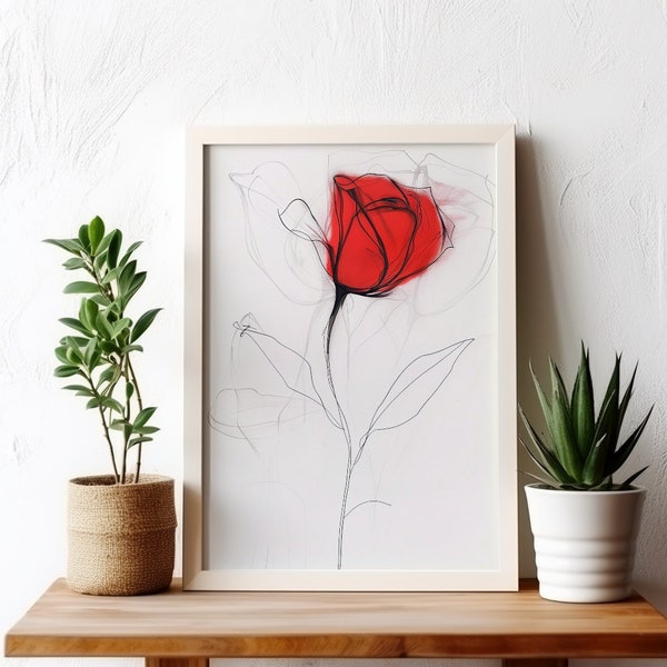 Red Rose Line Drawing #1, Abstract Minimalist Art, Thin Roses Print, Fine Line Flower Wall Prints, Floral Subtle Lines Artwork