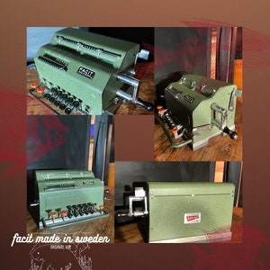May include: A green vintage Facit adding machine with a black handle and a silver lever. The machine has a label that reads "Facit" and "Made in Sweden".