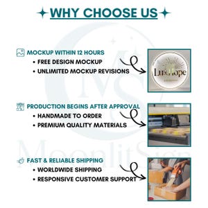 May include: An informational graphic titled WHY CHOOSE US featuring three sections: MOCKUP WITHIN 12 HOURS with a circular LuxHope sign, PRODUCTION BEGINS AFTER APPROVAL showing manufacturing equipment, and FAST & RELIABLE SHIPPING with packaging.