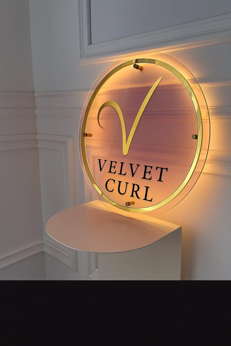 May include: A round sign with the text "VELVET CURL" in black, and a gold-colored checkmark symbol. The sign is illuminated with a warm light and mounted on a white shelf. The sign has a gold-colored border.
