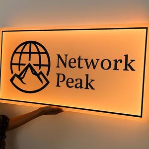 Op de afbeelding: Verlicht bord met de zwarte tekst "Network Peak", samen met een logo van een wereldbol en een berg. Het bord heeft een zwarte rand en een warme oranje gloed. Het bord wordt door een persoon vastgehouden.