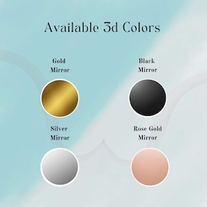 Puede incluir: Imagen con cuatro c&iacute;rculos de color: oro, negro, plata y oro rosa, cada uno con la etiqueta "Mirror". El texto "Available 3d Colors" est&aacute; en la parte superior. El fondo es un degradado azul claro y blanco.