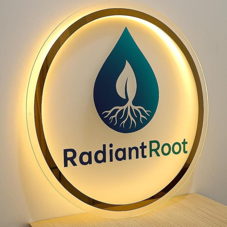 May include: A circular, backlit wall sign featuring a dark blue to teal gradient water drop icon containing a white leaf and root system graphic. The text RadiantRoot is printed in dark blue and green below the central icon.