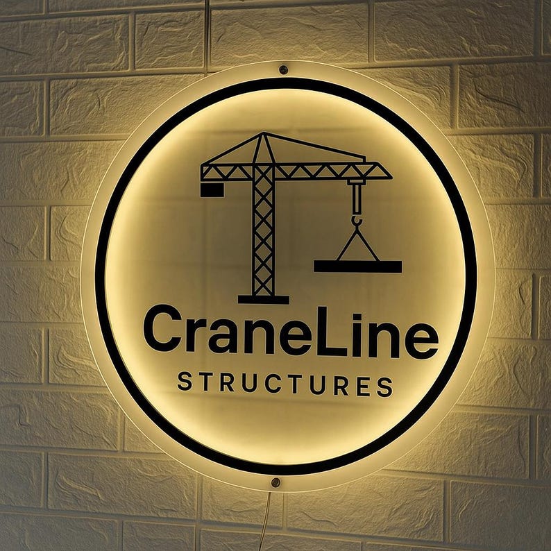 May include: A circular, backlit wall sign featuring a black graphic of a construction crane and the text CraneLine STRUCTURES in black lettering. The sign emits a warm, soft glow from behind its perimeter, highlighting the bold design.