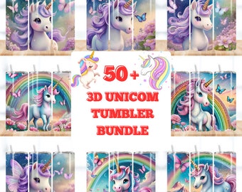 Más de 50 paquetes de envoltura de vaso de unicornio 3D, diseños de sublimación de 20 oz, vaso de unicornio para niños, descarga digital, vaso de niña, imágenes prediseñadas de unicornio