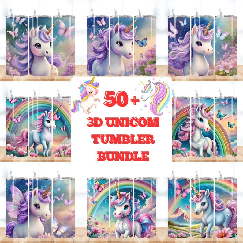 50 3D Unicorn Tumbler Wrap Bundle, 20oz Sublimation Designs, Unicorn Kids Tumbler, Digital Download, Little Girl Tumbler, Unicorn Clipart zdjęcie 1