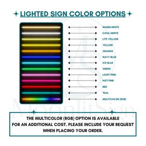 May include: A color chart for a lighted sign displaying thirteen horizontal light bars in various colors including warm white, cool white, yellow, orange, navy blue, ice blue, green, pink, red, teal, and a multicolor RGB option.
