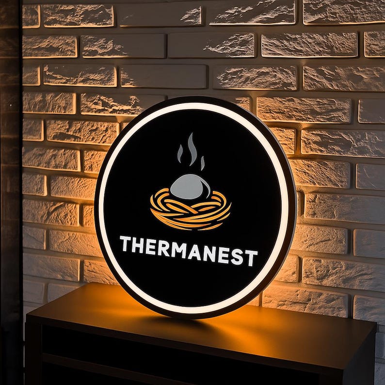May include: A round, illuminated sign with a black background and white border. The sign features a nest design with an egg and the word "THERMANEST" in white. The sign is mounted on a dark brown surface against a brick wall.