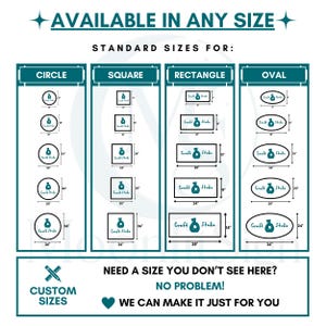 May include: A size chart graphic with the text AVAILABLE IN ANY SIZE and STANDARD SIZES FOR. It displays icons for circle, square, rectangle, and oval shapes with dimensions in inches ranging from 10 to 36 inches. Includes a custom sizes section.