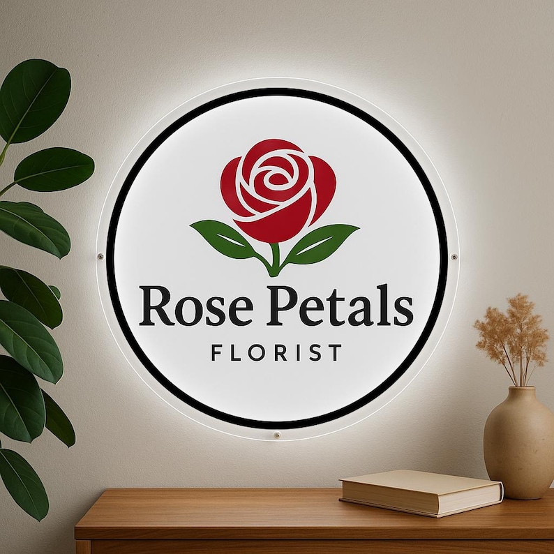 May include: A round sign with a red rose graphic and the words "Rose Petals FLORIST" in black. The sign has a black border and is mounted on a wall. A wooden table with a book and vase is in the foreground.