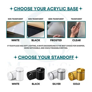 May include: A selection guide for acrylic bases and standoffs. Acrylic options include white, black, frosted, and clear. Standoff options include white, black, silver, and gold. Text reads: CHOOSE YOUR ACRYLIC BASE, CHOOSE YOUR STANDOFF.