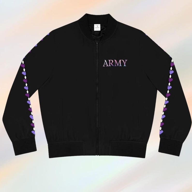 May include: Black bomber jacket with a full-length zipper. The jacket features the word "ARMY" in a gradient color on the chest. The sleeves are decorated with a pattern of white, purple, and lavender hearts.