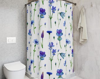 Wild Flower Floral Blue Shower Curtains