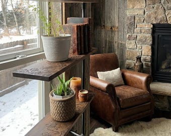 Estantería giratoria industrial de tres niveles con tubos / Estantería flotante de madera teñida / Almacenamiento y decoración rústica de pared