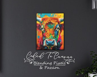 Vaca de las Tierras Altas colorida / Obra de arte arcoíris psicodélico / Impresión en lienzo vibrante / Decoración de pared para el hogar