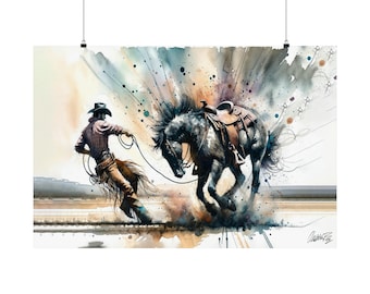 Impresión en acuarela de un caballo salvaje: Vaquero domando un caballo salvaje (Arte digital)