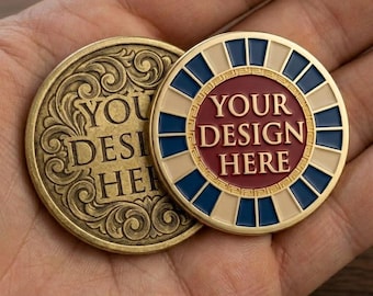 Moneda conmemorativa de latón grabada a medida – Medallón antiguo de doble cara (4 cm) con opción de esmalte de color.