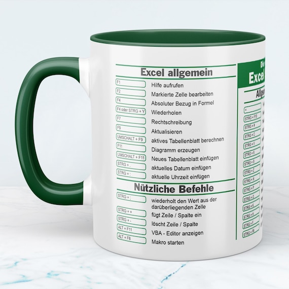 Keramik Tasse mit Excel Shortcuts Kurzbefehlen, Geschenk für Kollegen