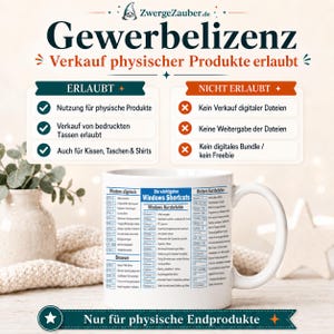 May include: A white ceramic mug featuring a printed chart of Windows keyboard shortcuts in German. The text includes sections for general Windows commands, browser shortcuts, and additional functions, all organized in a blue and white grid layout.