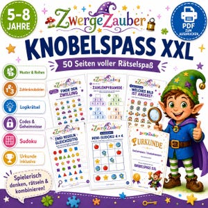 Puede incluir: Un libro de actividades digital titulado ZwergeZauber Knobelspass XXL para edades de 5 a 8 años, con 50 páginas de acertijos, juegos numéricos y Sudoku. La portada muestra un elfo, varias hojas de ejercicios e iconos para acceso a PDF imprimible.