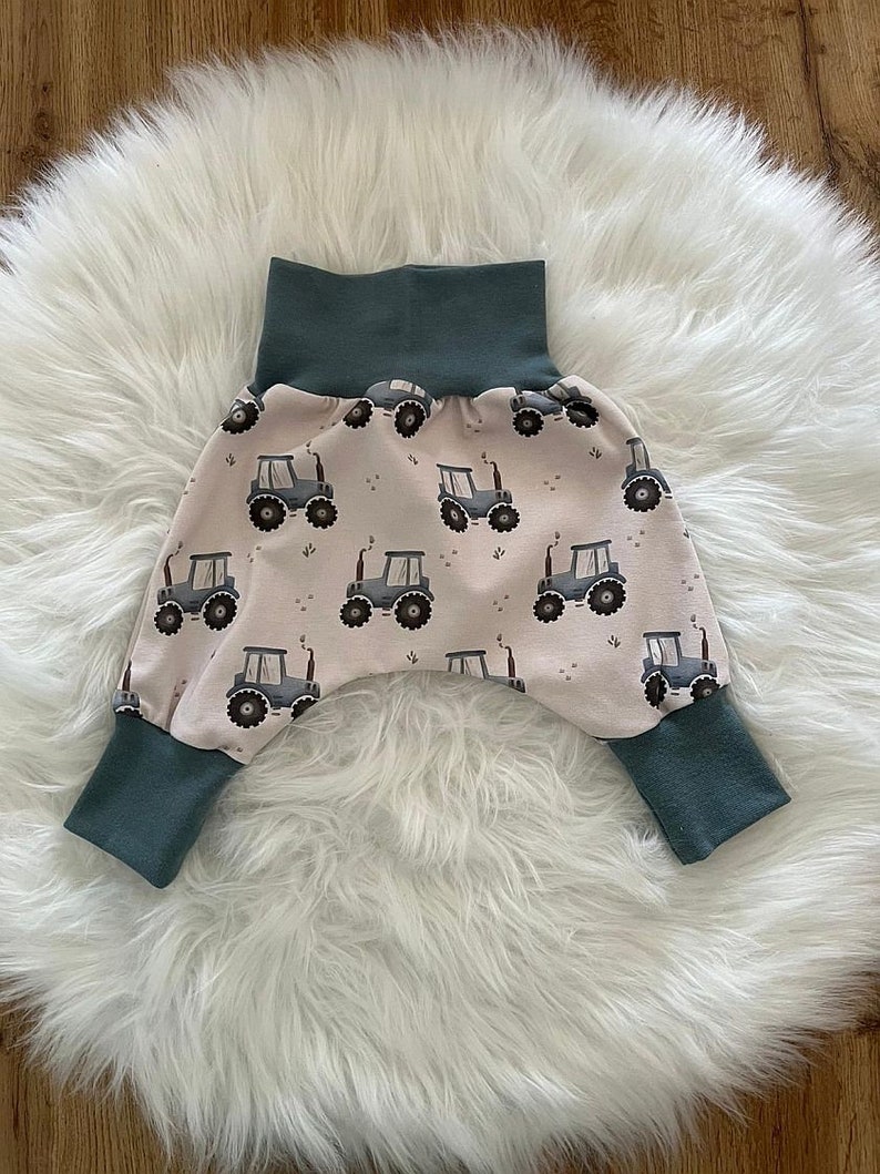 Bloomers, grow-along pants, pants, baby, girl, boy, design: tractor, blue cuffs, jersey, various sizes available image 1