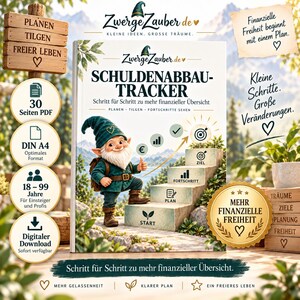 Könnte beinhalten: Ein Schuldenabbau-Tracker Buch mit einer Zwergen-Illustration, einer Treppengrafik mit den Stufen Start, Plan, Fortschritt und Ziel sowie Texten wie Kleine Schritte, Große Veränderungen und Mehr finanzielle Freiheit auf dem Cover.