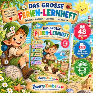 Könnte beinhalten: Ein digitales Lernheft mit dem Titel Das Große Ferien-Lernheft, das einen Comic-Elfen mit grünem Hut und Rucksack zeigt. Das Cover präsentiert Bildungsthemen wie Zahlen, Buchstaben, Rätsel, Natur, Malen und Suchen vor einer Strandkulisse mit einem Hinweis auf 48 Seiten.