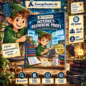 May include: A digital educational guide titled INTERNET-RECHERCHE PROFI featuring a cartoon elf character, a laptop, a magnifying glass, a compass, and a notebook with a checklist. The cover includes text in German, icons for 42 pages, and age 10-14.