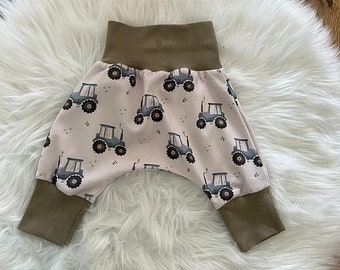 Bloomers, grow-along pants, pants, baby, girl, boy, design: tractor, green cuffs, jersey, various sizes available