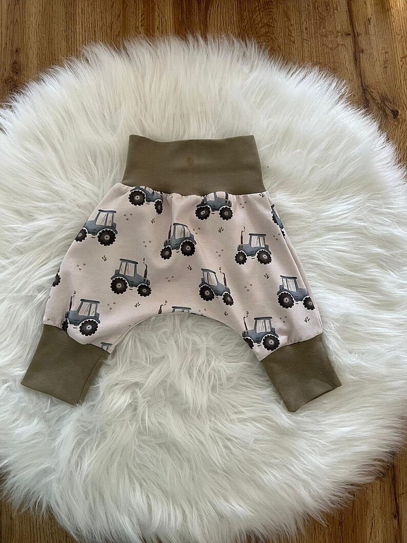 Bloomers, grow-along pants, pants, baby, girl, boy, design: tractor, green cuffs, jersey, various sizes available image 1