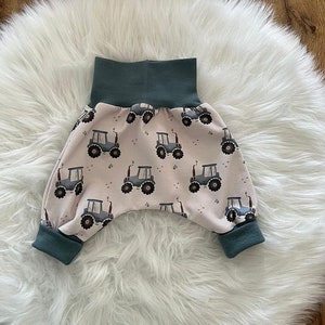 Bloomers, grow-along pants, pants, baby, girl, boy, design: tractor, blue cuffs, jersey, various sizes available image 2