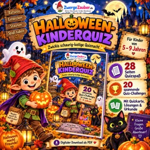 Puede incluir: Un libro de cuestionarios digital de Halloween para niños de 5 a 9 años, titulado Halloween-Kinderquiz. La portada muestra un gnomo con una calabaza, un gato negro, un fantasma y un castillo. Incluye 28 páginas, 20 desafíos y un certificado.