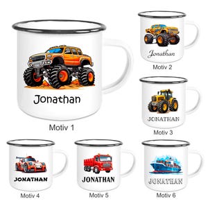 Kindertasse Emaille mit personalisierten Namen, schwarzer Rand