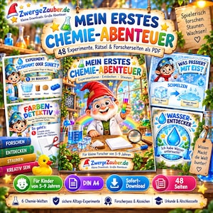 May include: A digital educational chemistry activity book titled Mein Erstes Chemie-Abenteuer featuring a gnome scientist, 48 experiments, puzzles, and research pages for children aged 5-9. Includes DIN A4 format, instant download, and 6 chemistry worlds.