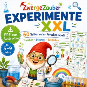 Könnte beinhalten: Ein ZwergeZauber EXPERIMENTE XXL Aktivitätsbuch-Cover mit einem Cartoon-Zwerg im Laborkittel, der ein Reagenzglas und eine Lupe hält. Das Design enthält Illustrationen von Laborgeräten, einen Regenbogen und beispielhafte Übungsseiten.