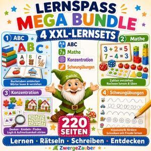Pode incluir: Um pacote educativo colorido intitulado LERNSPASS MEGA BUNDLE 4 XXL-LERNSETS com um gnomo de jardim ao centro. O gráfico mostra quatro secções que cobrem o alfabeto, matemática, concentração e exercícios de escrita com 220 páginas.