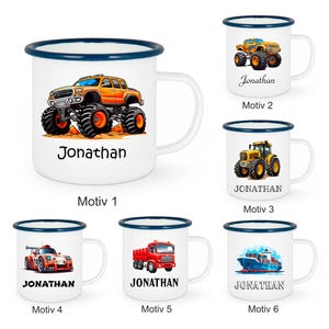Individuelle Emaille Kindertasse mit personalisierten Namen, blauer Rand