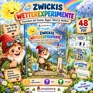 Może przedstawiać: Cyfrowa książka edukacyjna zatytułowana Zwickis Wetterexperimente z krasnalem, ilustracjami pogody i eksperymentami naukowymi dla dzieci. Zawiera przewodnik po stacji pogodowej, quiz i certyfikat w formacie PDF na 48 stronach.