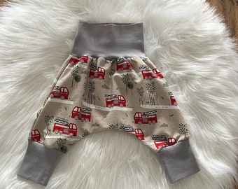 Pump pants, growing pants, pants, baby, girl, boy, motif: fire department, gray cuffs, jersey, various sizes available