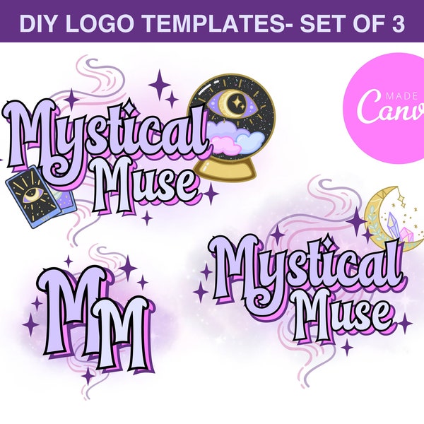 Editable Logo: Psychic Logo, Logo Bundle, Purple Logo, Logo with Stars, Tarot Logo, Witch Logo, Spiritual Logo, Custom Logo, Retro Logo