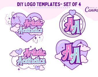 DIY Logo Template, Pastel Logo, Pink Logo, Retro Logo, Kawaii Logo, Editable Logo, Canva Template, Logo Bundle, Heart Logo, Branding
