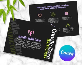 Candle Care: Care Card Instructions, Editable Candle Template, Retro Canva Designs, Colorful Candle Instruction, Candle Business Branding