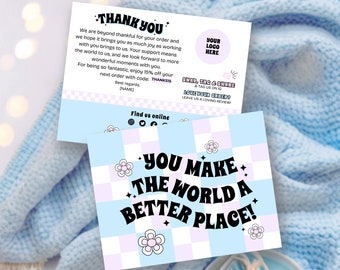Thank you Card: Canva Template, Editable Business Thank You Card, Package Insert Card, Customizable Groovy Thank You, Blue Retro