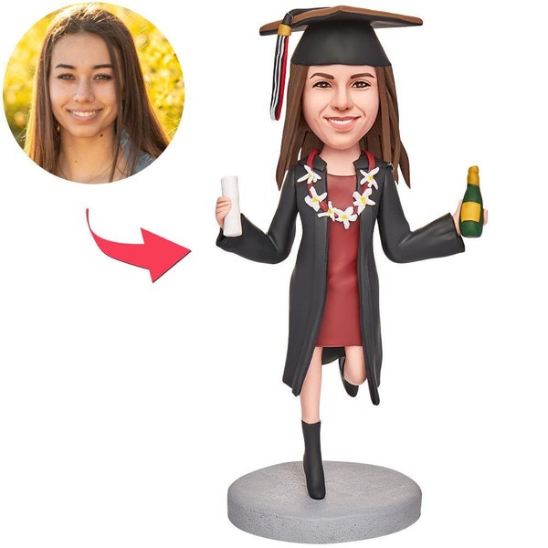 Graduation Girl Holding Champs And Diploma Custom Bobbleheads With Engraved Text Class of 2024